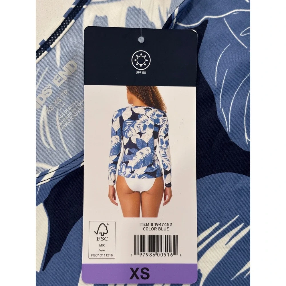Lands' End XS Rash Guard Women Blue Tropical Floral UPF 50 Long Sleeve Swim